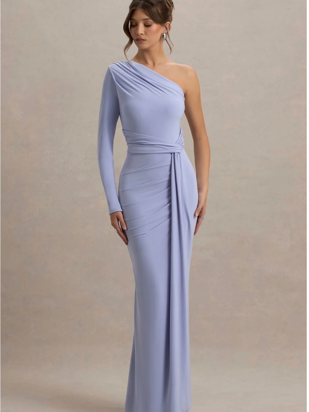 Club L London Sanya Pale Blue Asymmetric One Sleeve Wrap Maxi Dress - Size 2